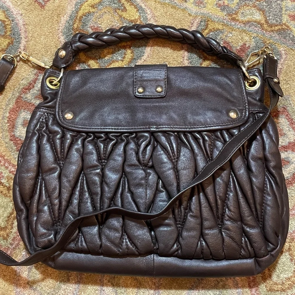 Besso Italian Genuine Leather Chocolate Brown Quilted Shoulder Bag 16”x12”